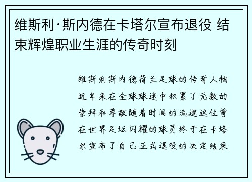 维斯利·斯内德在卡塔尔宣布退役 结束辉煌职业生涯的传奇时刻