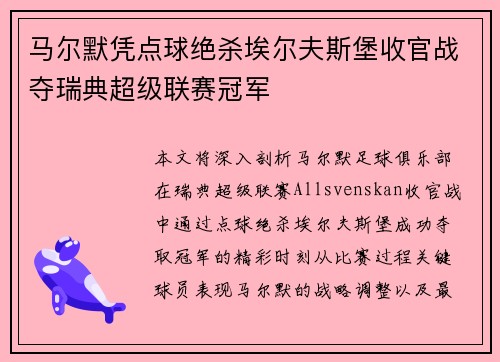 马尔默凭点球绝杀埃尔夫斯堡收官战夺瑞典超级联赛冠军